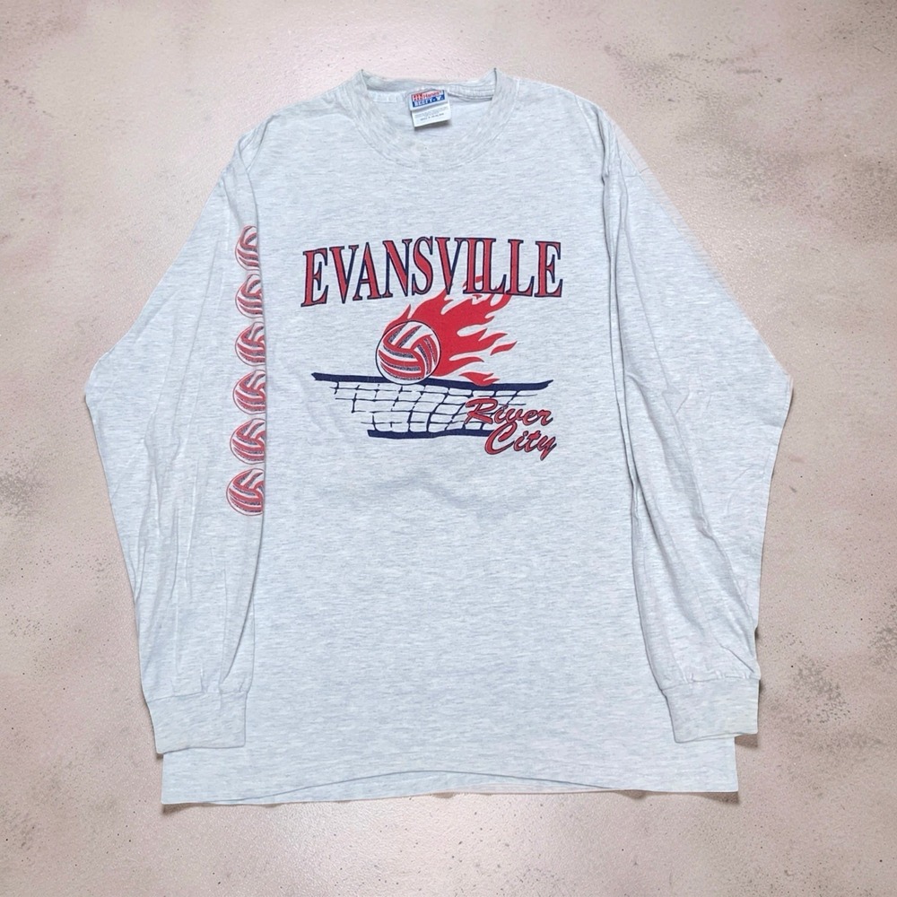Vintage Evansville River City Volleyball Hanes Beefy-T Mens M Gray LS Shirt